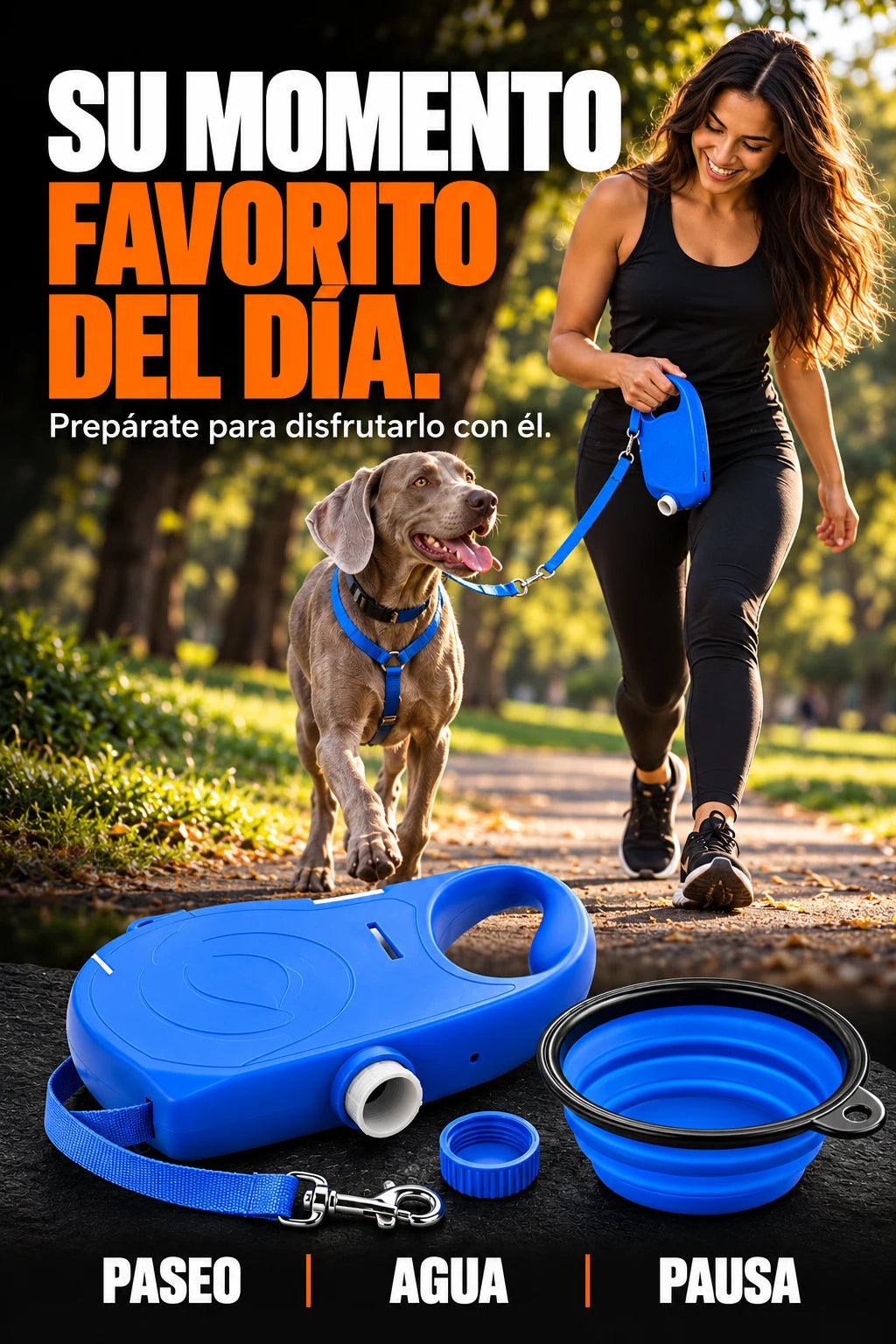 Su momento favorito del día. Una persona pasea con su perro y lleva la correa con cantimplora.